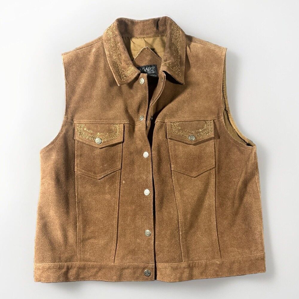 VTG 70s Agapo Leather Vest XL Brown Boho Hippie Western Made In India Embroidery